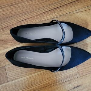 Ann Taylor Factory Black Faux Suede Flats With Rhinestone Stretchy Strap 7.5
